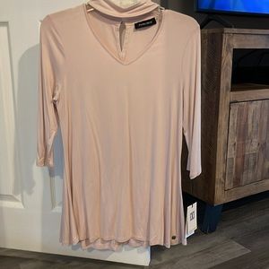 Blush pale pink peep buttoned neck 3/4 sleeve top